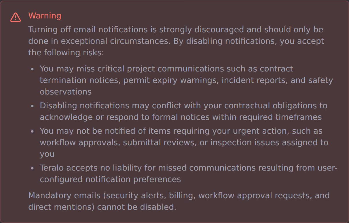 The warning panel above the notification switches, red-bordered on a red tint, listing the four risks of turning email notifications off.