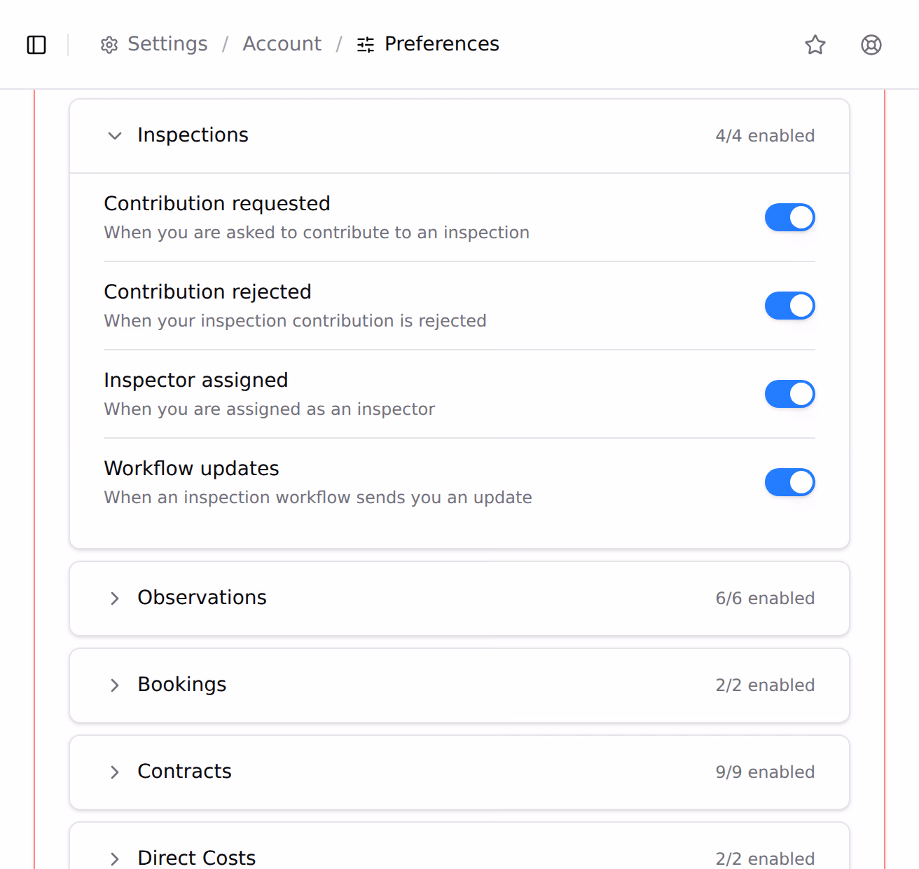 Notification preference modules collapsed, each with a count of how many of its notifications are on, then one module expanded to a labelled switch and description for every event it can email about.