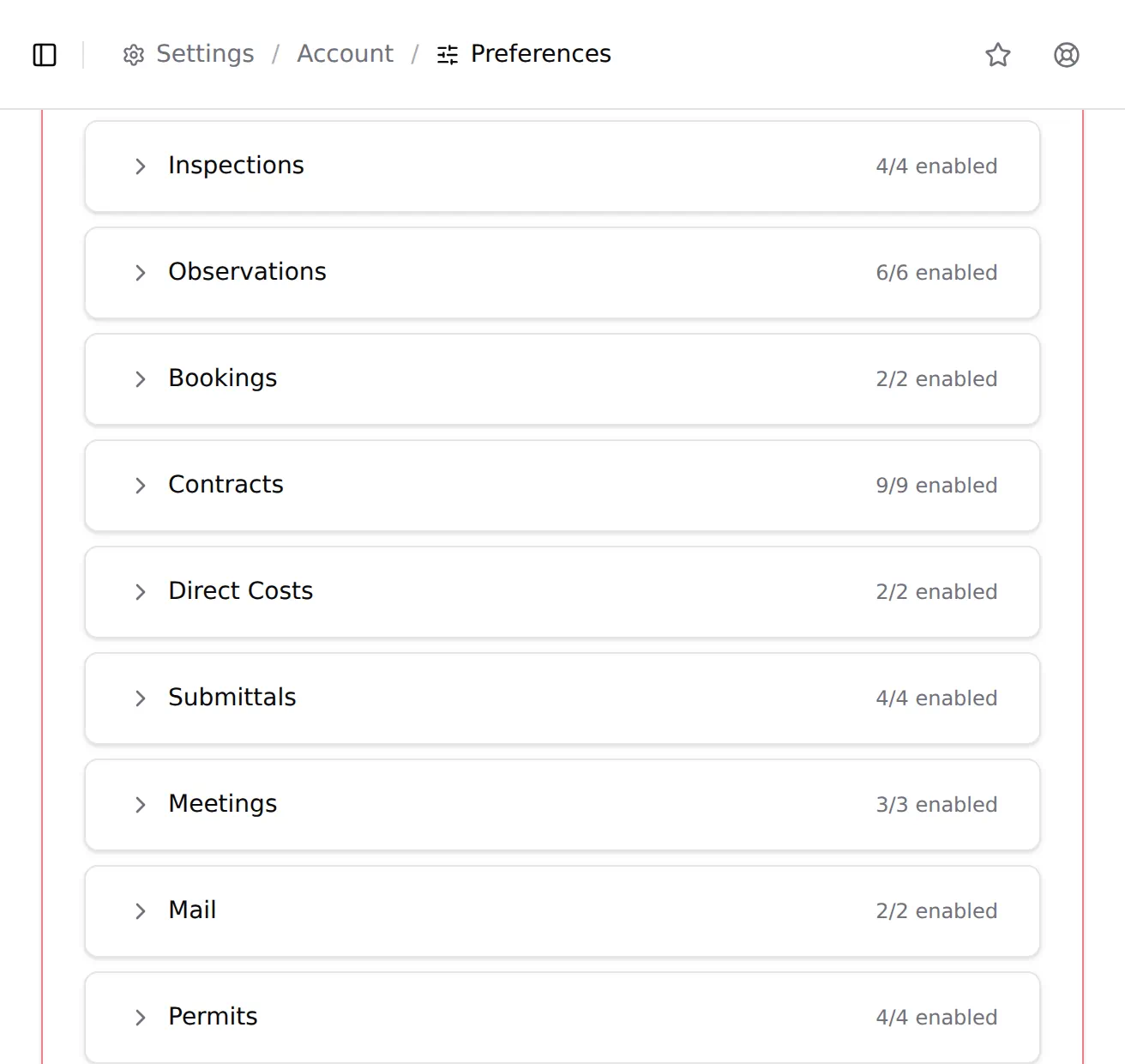 Notification preference modules collapsed, each with a count of how many of its notifications are on, then one module expanded to a labelled switch and description for every event it can email about.