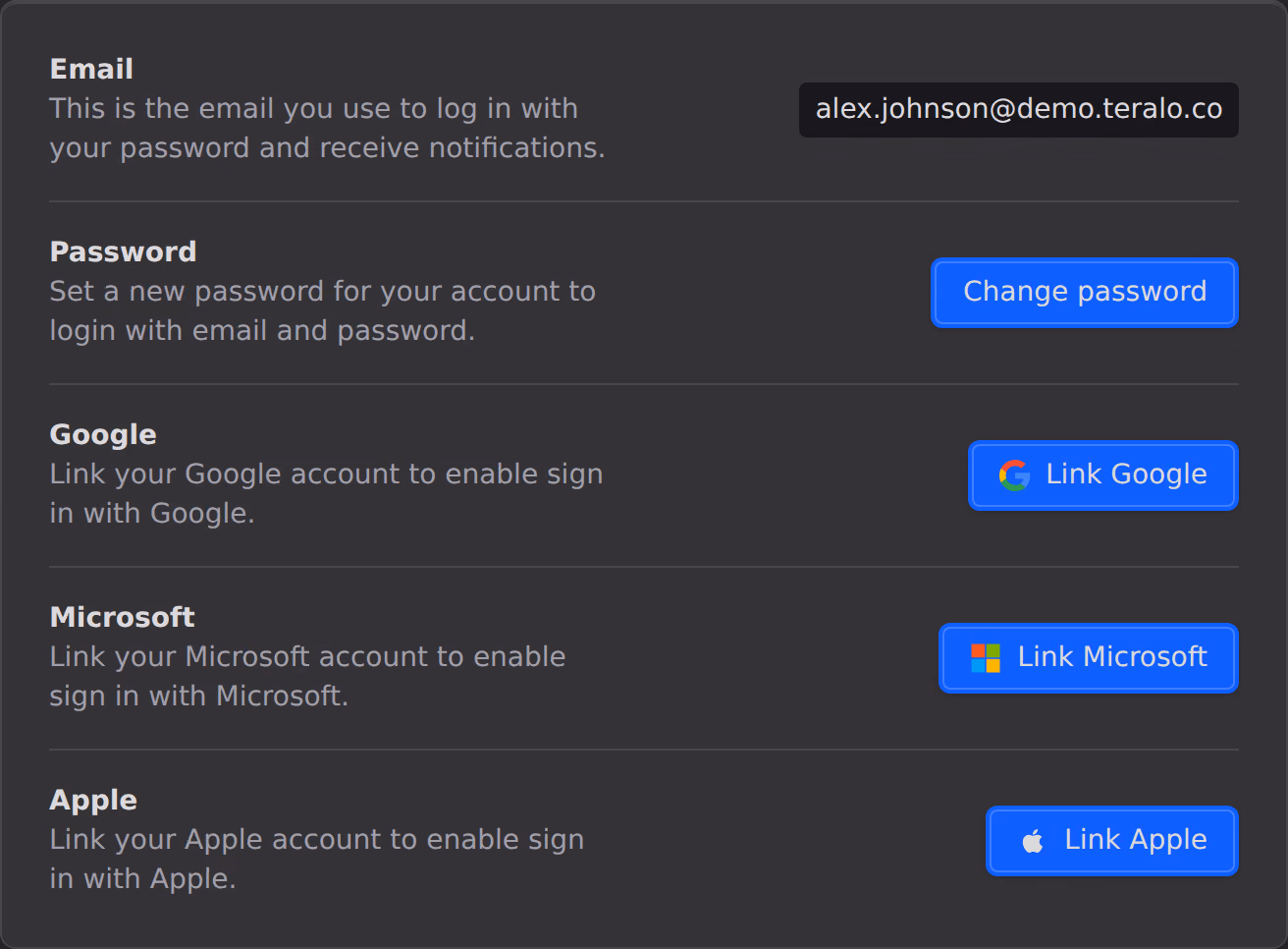 The Login Methods card in account security: the sign-in email, a Change password button, and Link buttons for Google, Microsoft and Apple.