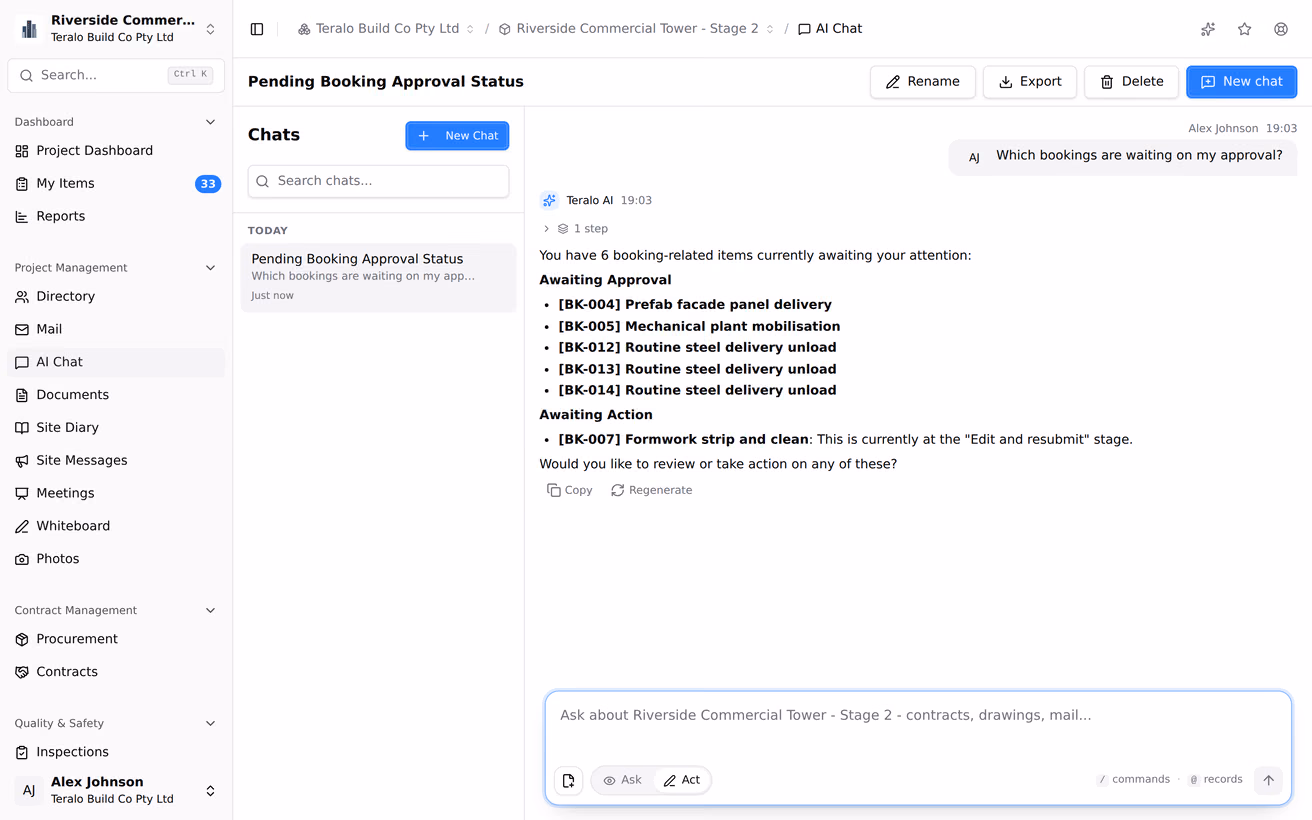 A question being typed into AI chat, and the answer arriving with the records it read.