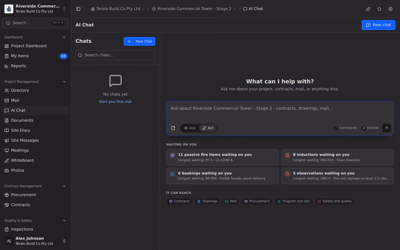 A new AI Chat conversation: What can I help with, a composer, a Waiting on you band of live pending approvals, and a row of chips under It can reach.