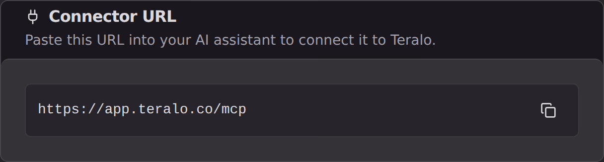 The AI Connectors settings page, showing the connector URL in a code field with its copy button.