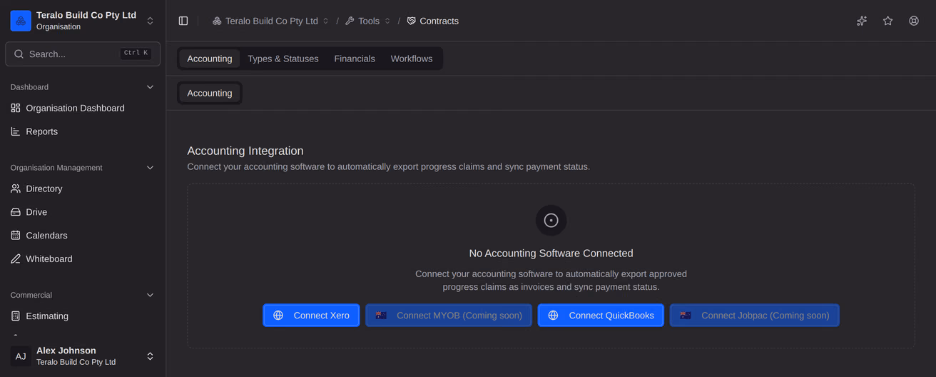 The accounting integration panel in the Contracts tool settings, offering Connect Xero and Connect QuickBooks beside MYOB and Jobpac marked Coming soon.