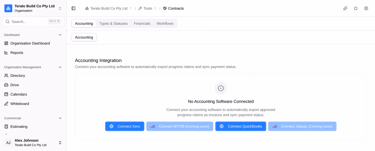 The accounting integration panel in the Contracts tool settings, offering Connect Xero and Connect QuickBooks beside MYOB and Jobpac marked Coming soon.