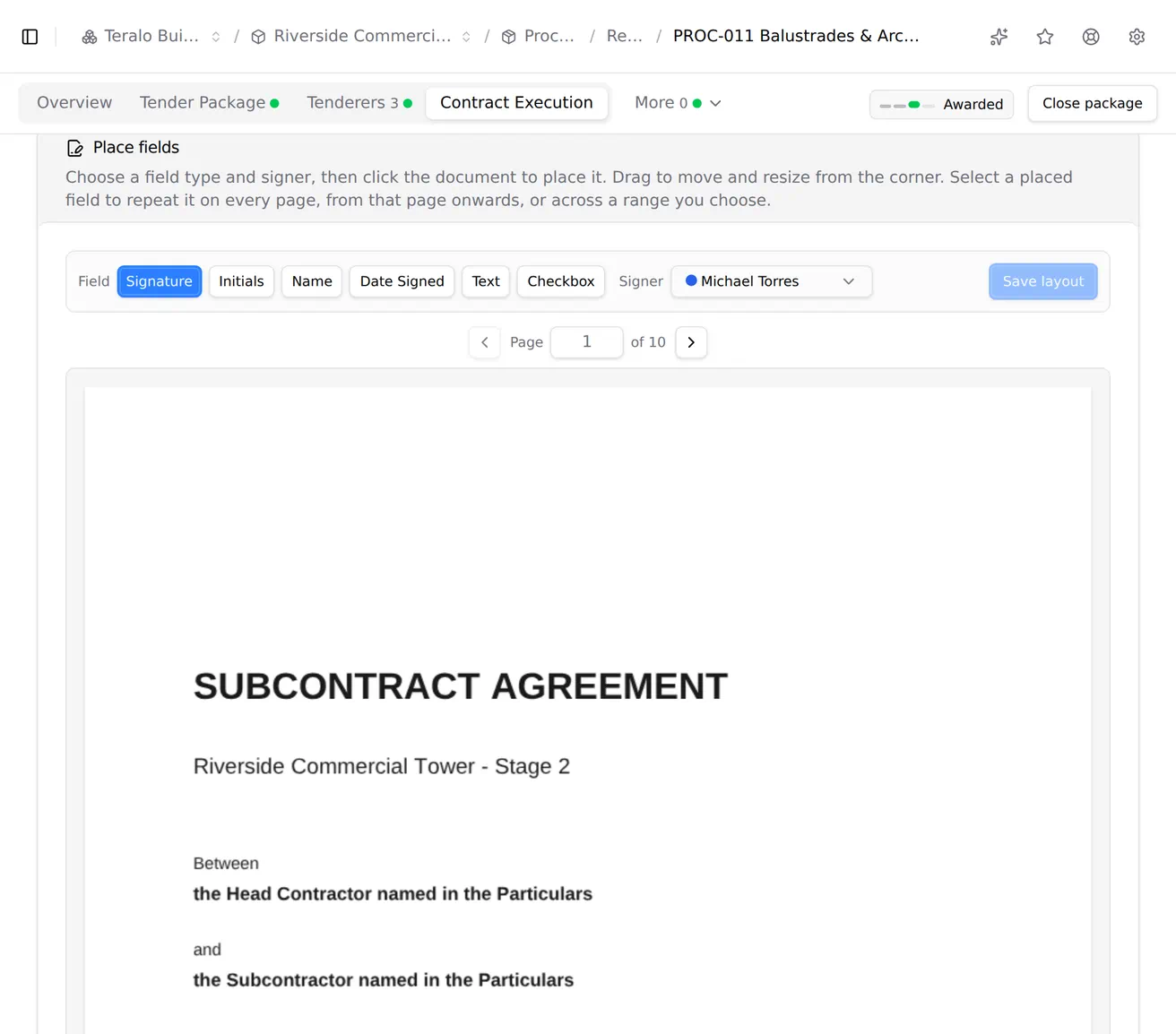 A signature field placed on a draft contract page and then set to repeat on every page, with the repeated field drawn dashed on the next page.