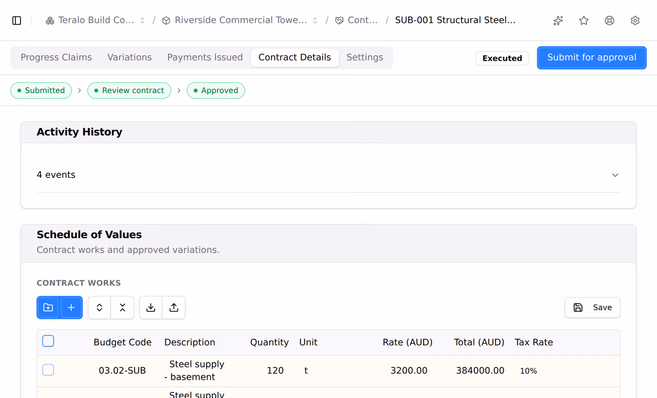 The tab strip inside a contract moving across progress claims, variations, payments issued and contract details, with the panel underneath changing each time.