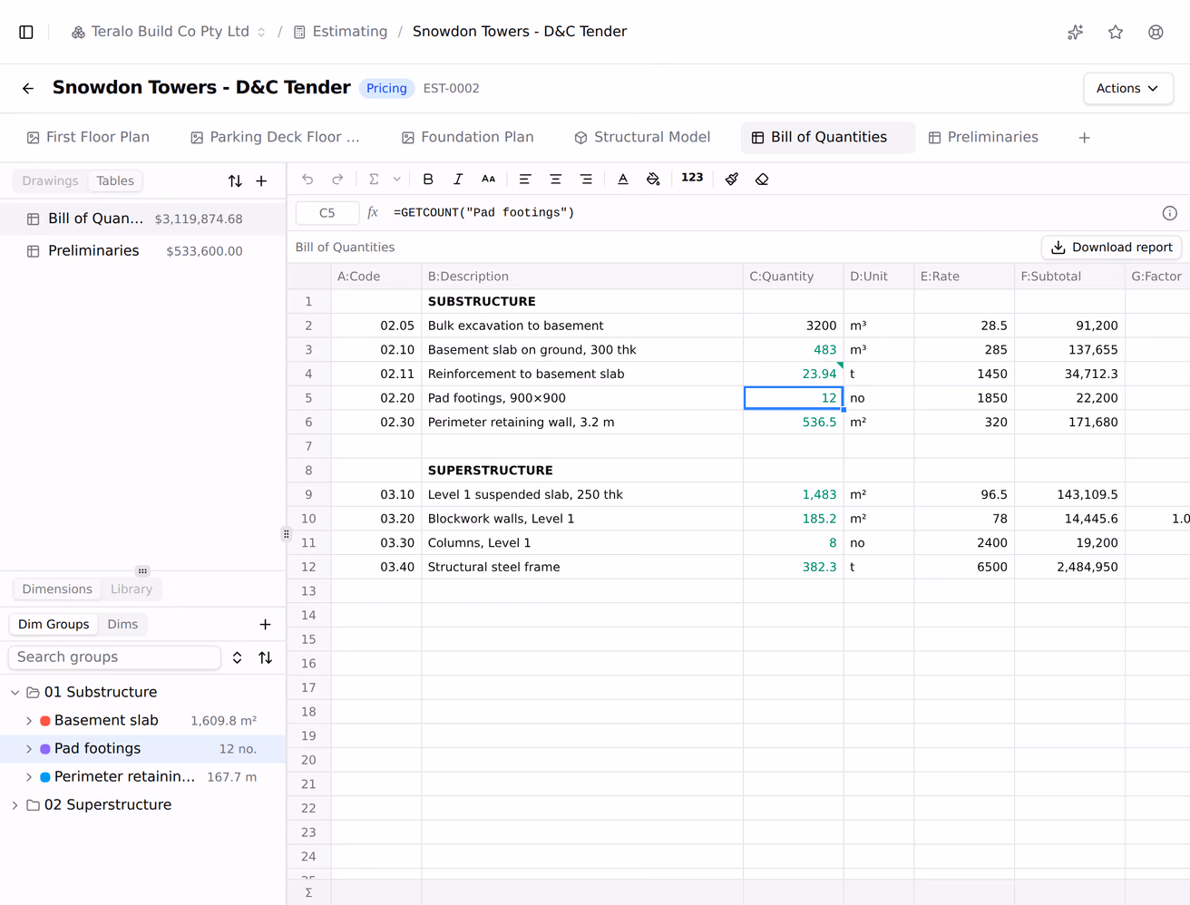 A pricing table cell selected to show a formula asking a named dimension group for its quantity, with that group highlighted in the panel beside it.