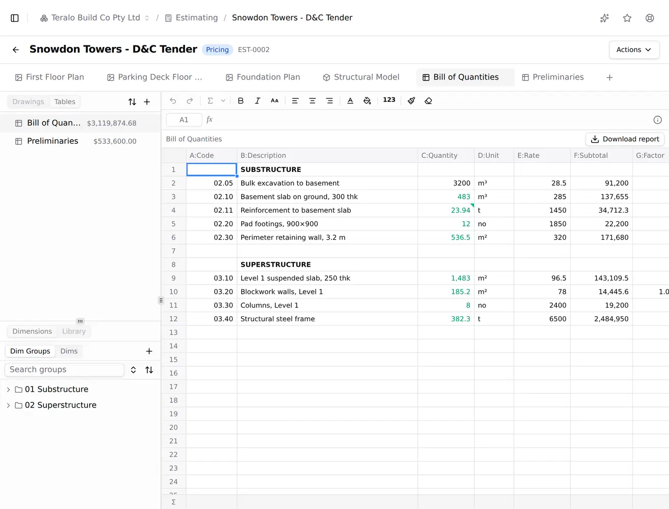A pricing table cell selected to show a formula asking a named dimension group for its quantity, with that group highlighted in the panel beside it.