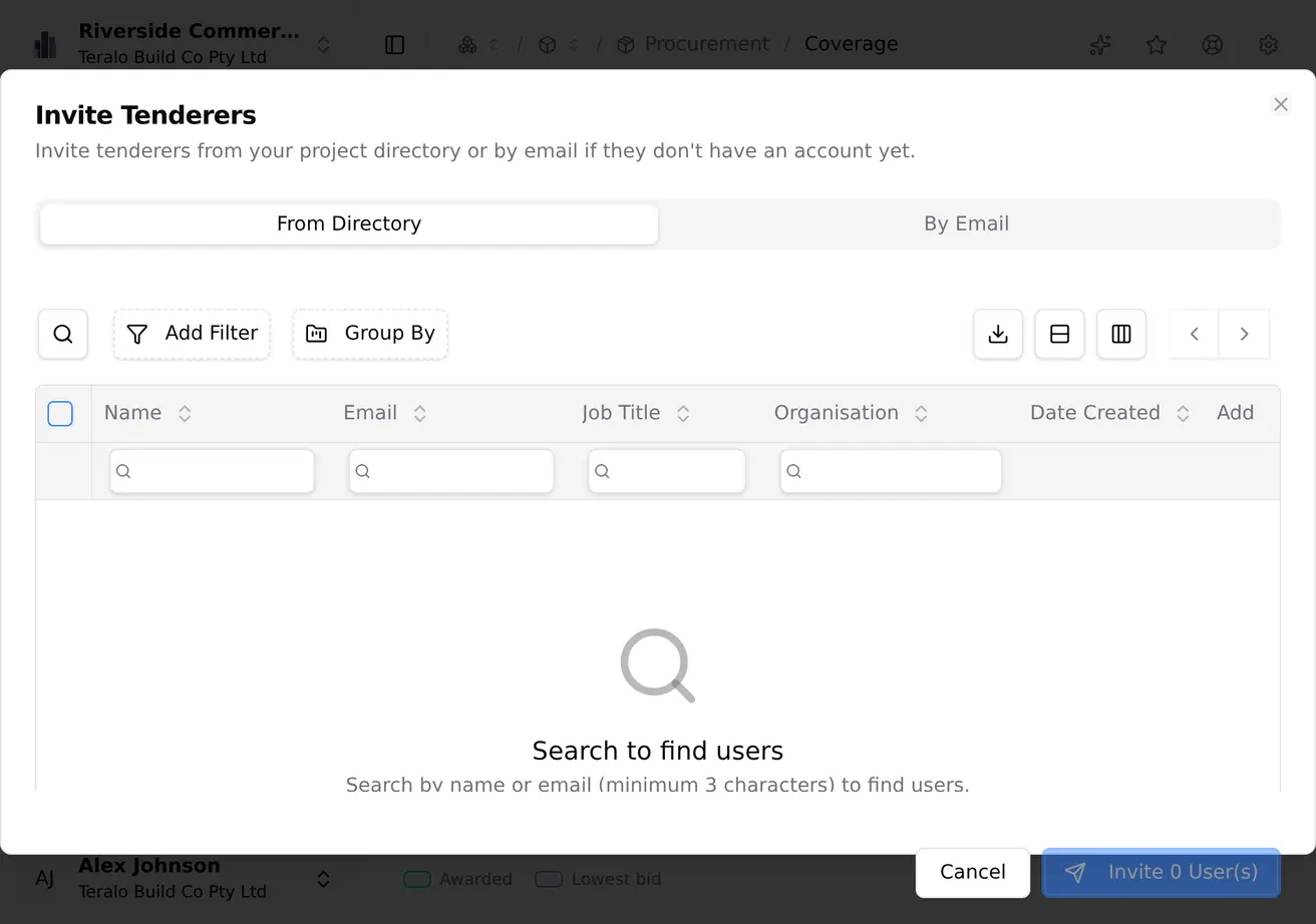 The invite dialog on a procurement package, offering an invitation from the project directory or by email to a firm with no Teralo account.