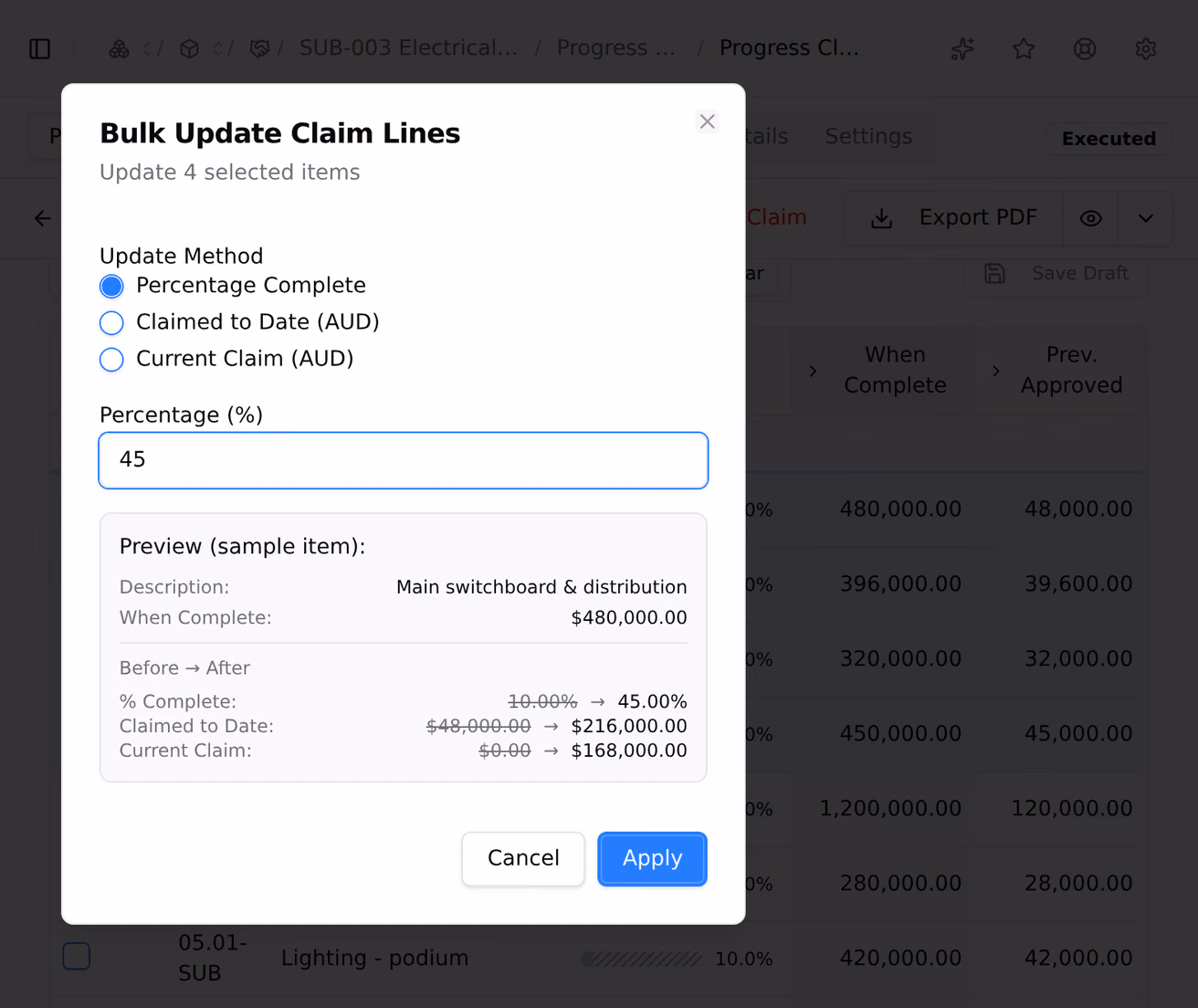 The bulk update dialog on a progress claim, offering percentage complete, claimed to date or current claim, and previewing the before and after figures on a sample line before it commits.