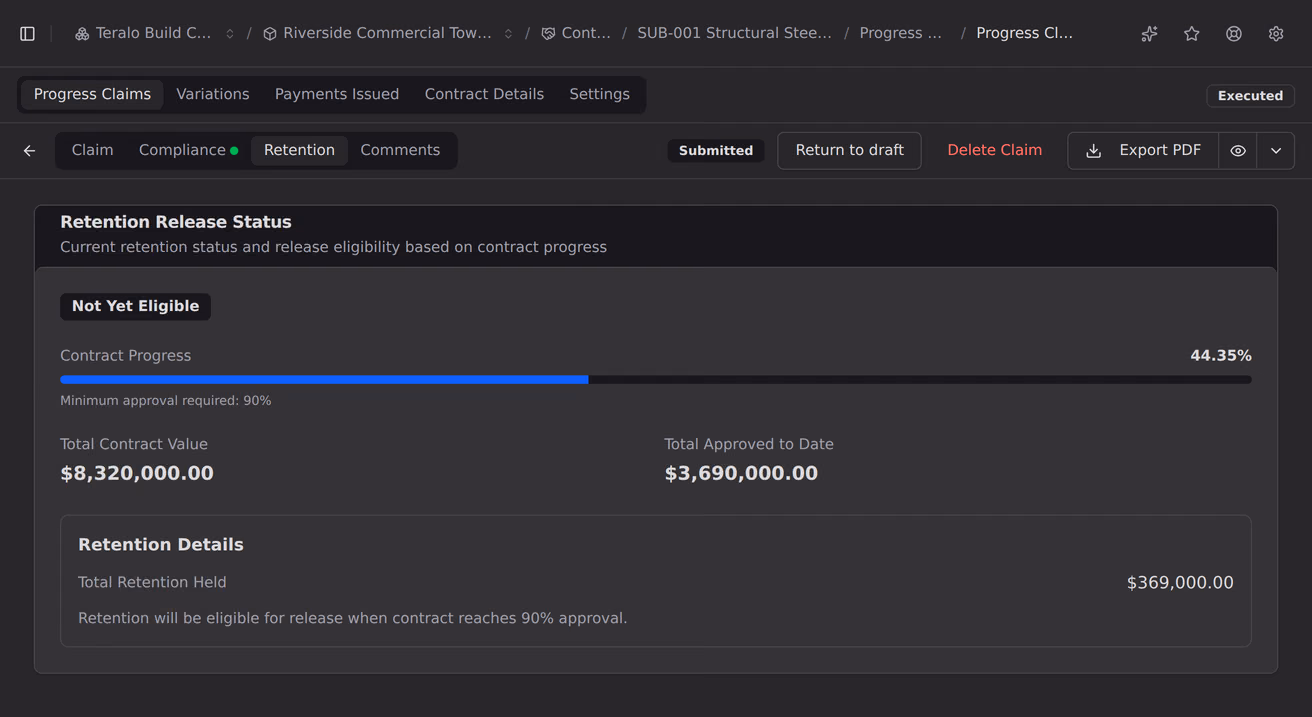 The retention tab on a progress claim, showing the amount held, the release status against its trigger, and the retention details it was calculated from.