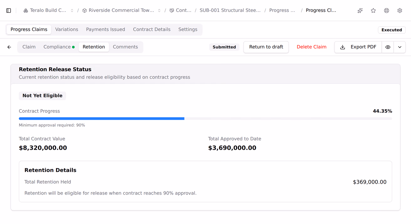 The retention tab on a progress claim, showing the amount held, the release status against its trigger, and the retention details it was calculated from.