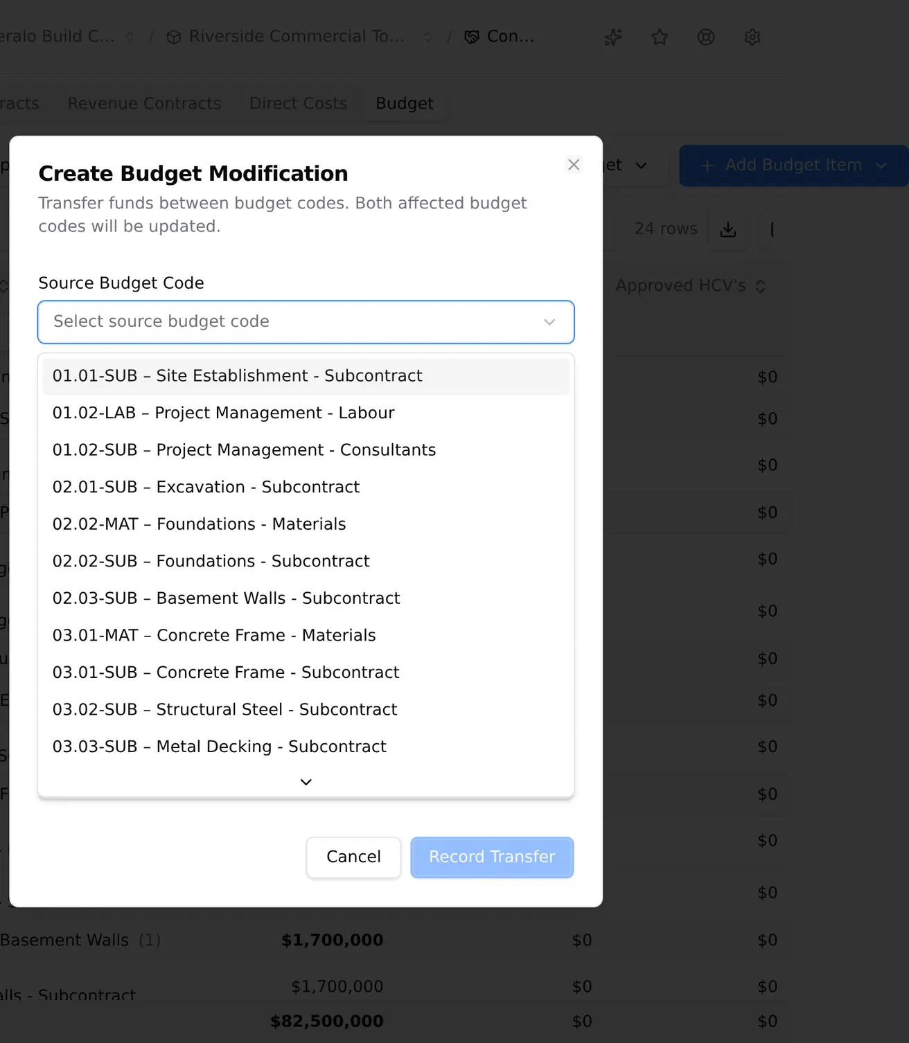 A budget transfer refused, with a source code, a destination code and an amount filled in, and a message naming what the source code has available against what was requested.