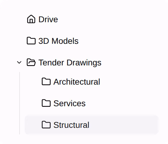 A folder tree in Drive, with Tender Drawings expanded into its Architectural, Structural and Services subfolders.