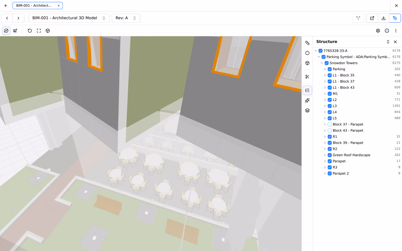 The IFC 3D model viewer, orbiting the project's architectural coordination model.