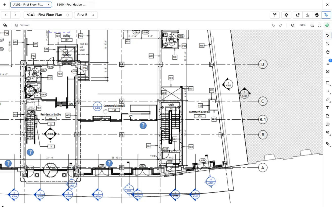 A document viewer with one drawing open, then two drawings side by side in split view, each with its own zoom and page controls.