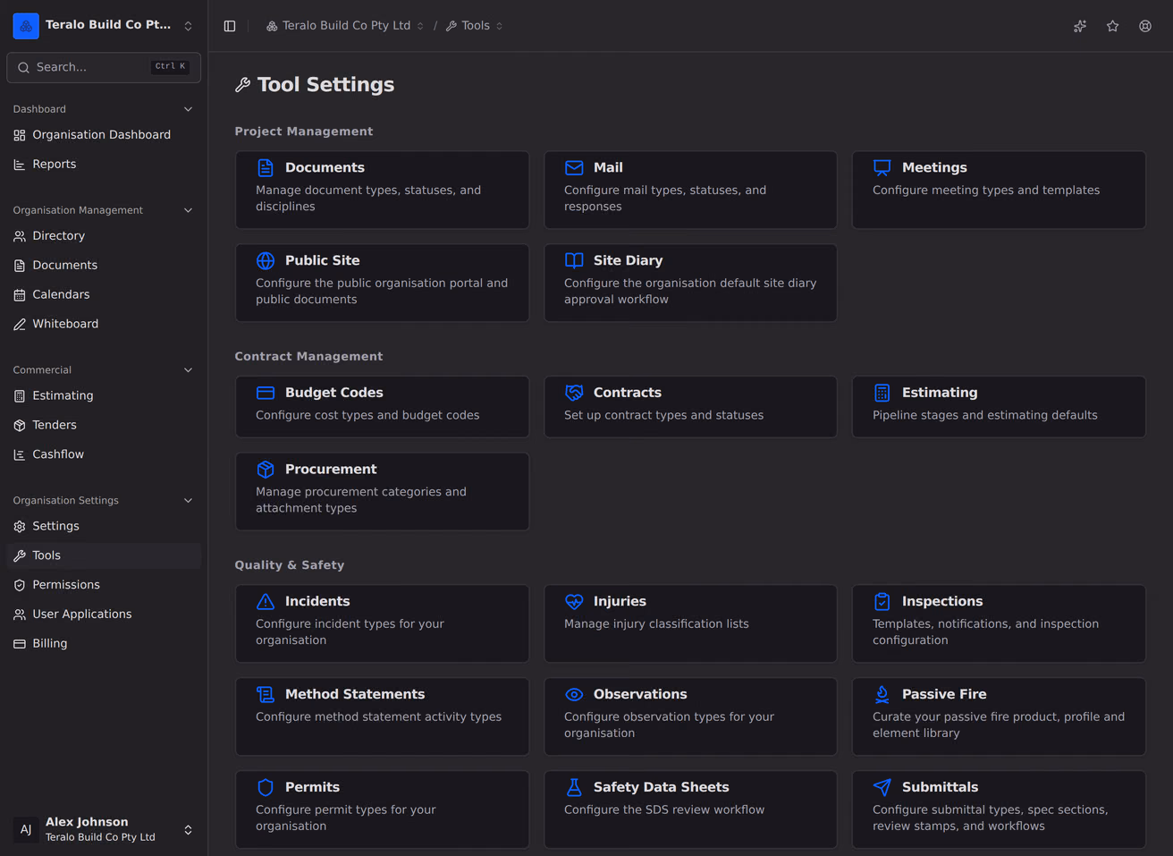 The organisation tool catalogue, a card per tool grouped by module, each naming what its settings cover.