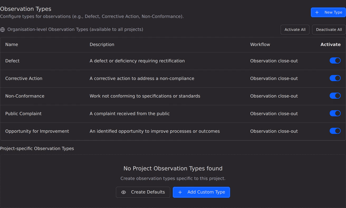 Observation type settings, the organisation-level types listed above an empty project-specific section with its own Create Defaults option.