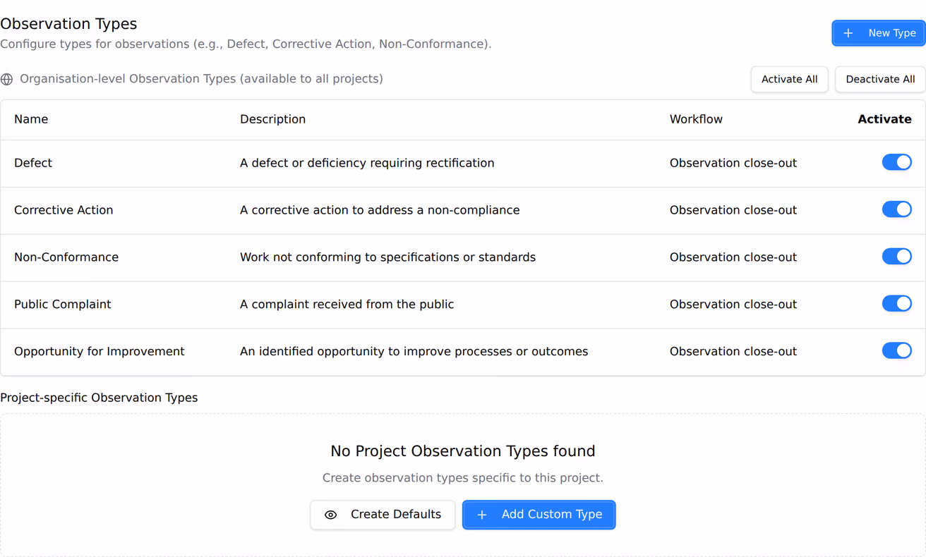 Observation type settings, the organisation-level types listed above an empty project-specific section with its own Create Defaults option.