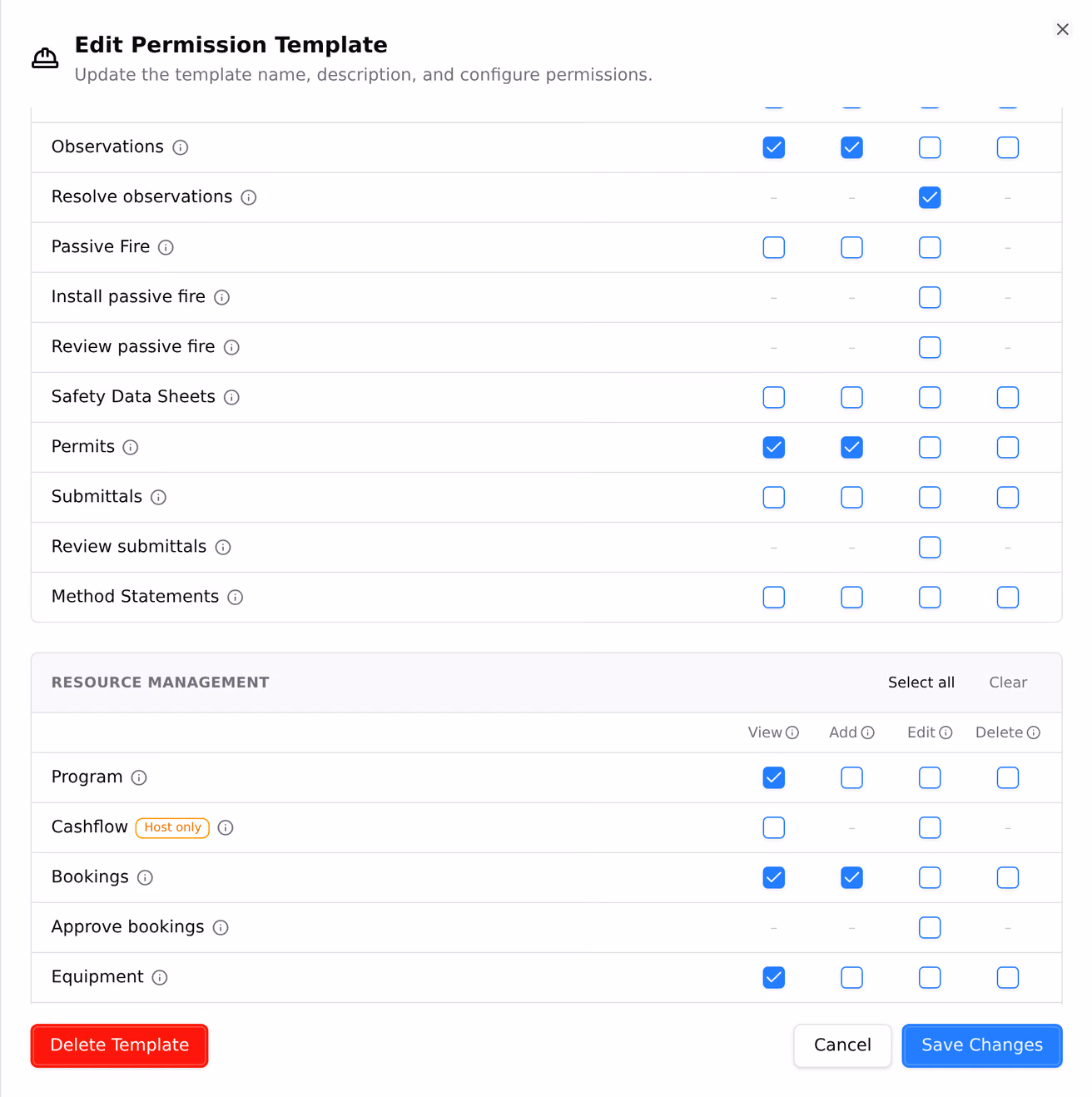 A permission template open for editing, its permissions grouped by module with a View, Add, Edit and Delete column against each tool.