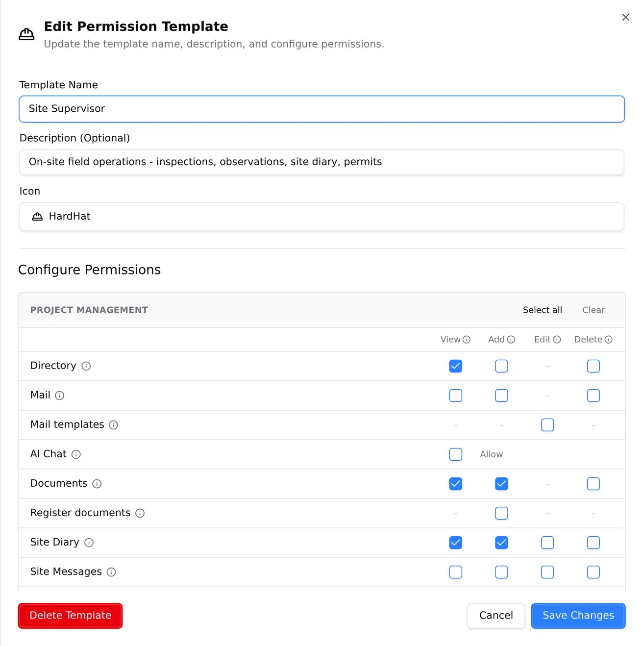 A permission template open for editing, its permissions grouped by module with a View, Add, Edit and Delete column against each tool.