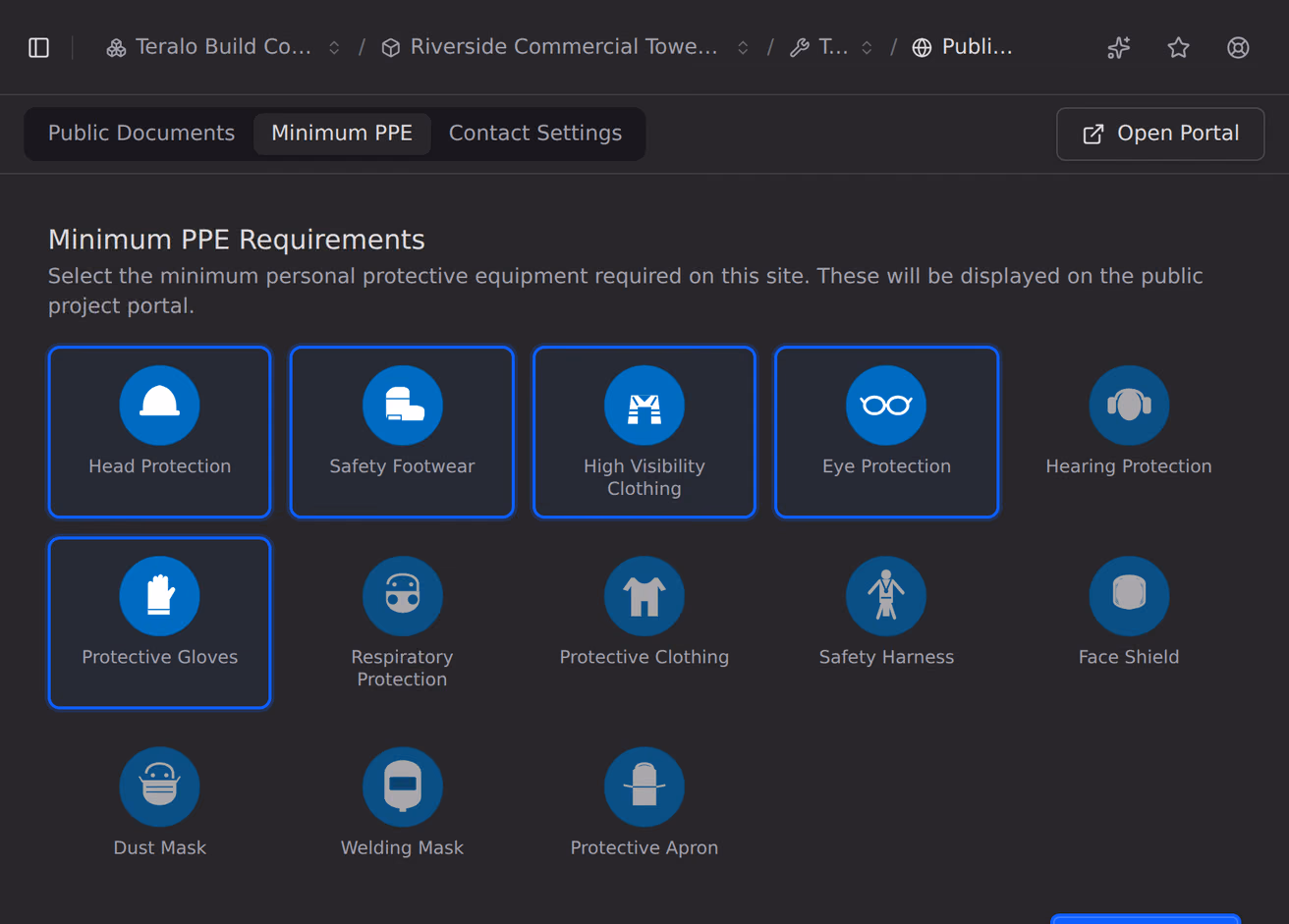The Public Site settings for a project, on the Minimum PPE tab, with a pictogram tile for each requirement.
