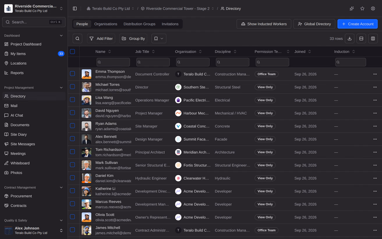 The project directory, listing each company and person on the job with their trade and role.