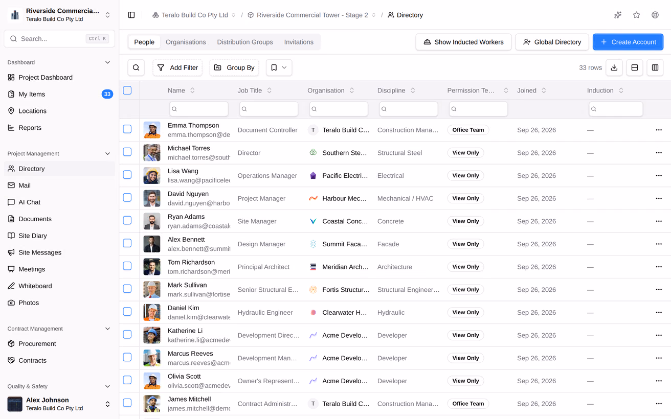 The project directory, listing each company and person on the job with their trade and role.