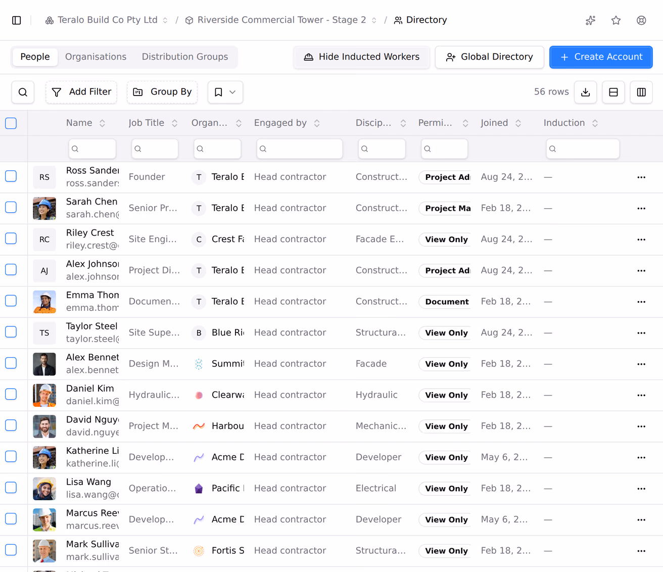 The project directory People tab with Show Inducted Workers switched on, adding site workers without accounts to the list.