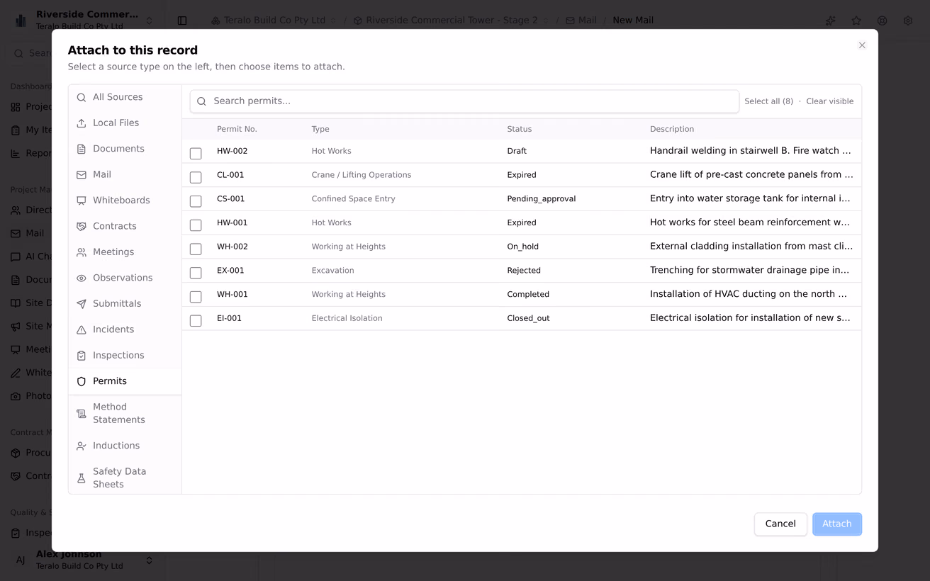 The mail attachment picker, offering documents, drawings, contracts, inspections, permits, photos and other records already in Teralo.