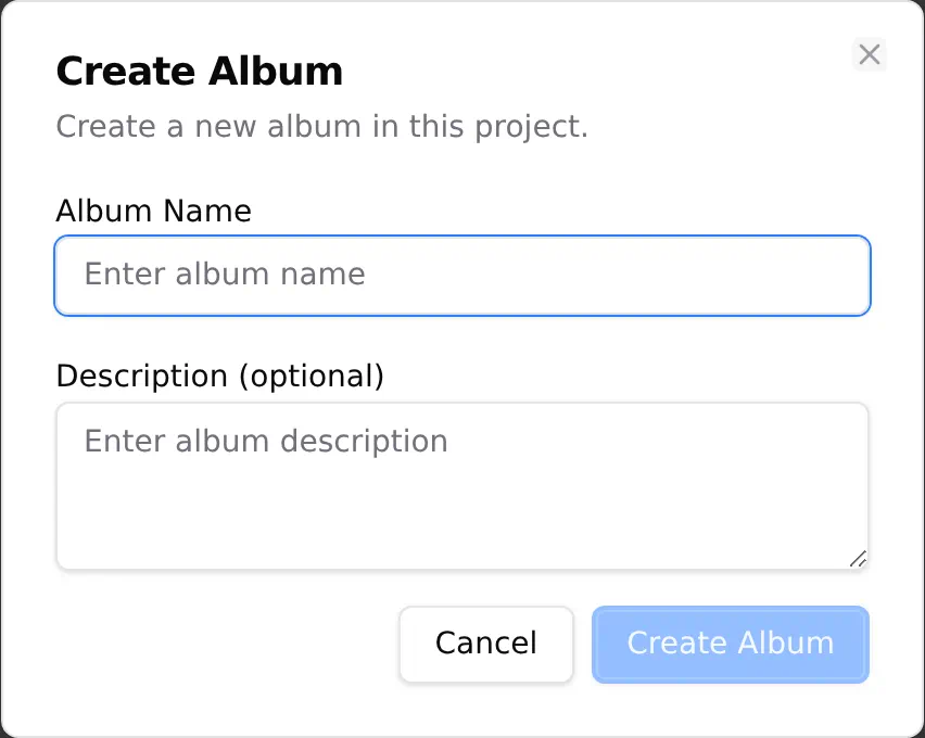 The create album dialog on the photos page, with an album name and description being filled in.