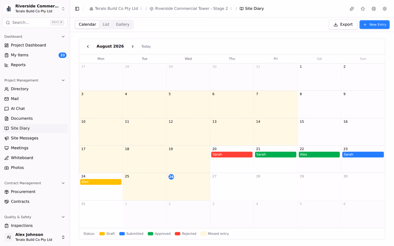 The site diary calendar with filled days shown as coloured status pills, an unfilled working day tinted amber as a missed entry, and the status legend beneath it.