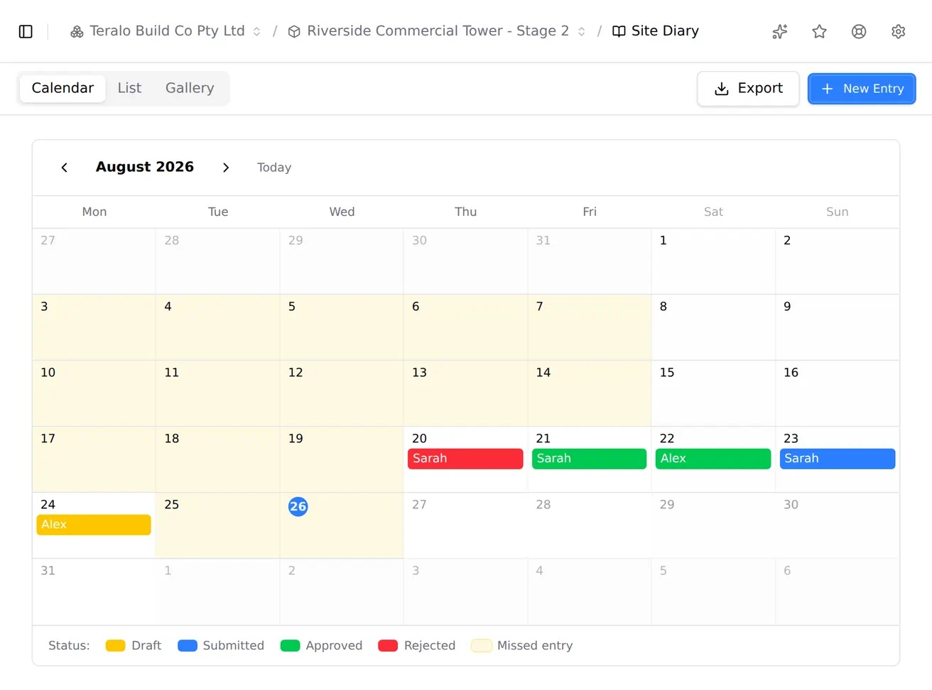 The site diary export menu, offering the diary as a PDF, the sign-in book and the evacuation list.
