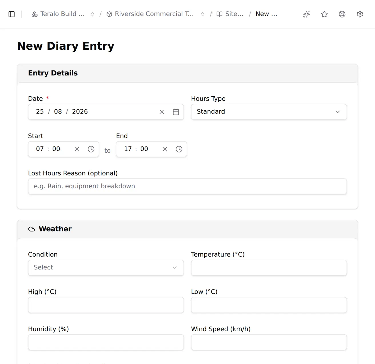 The site diary create form with a date chosen and the weather block auto-populated with condition, temperature, high, low, humidity and wind.
