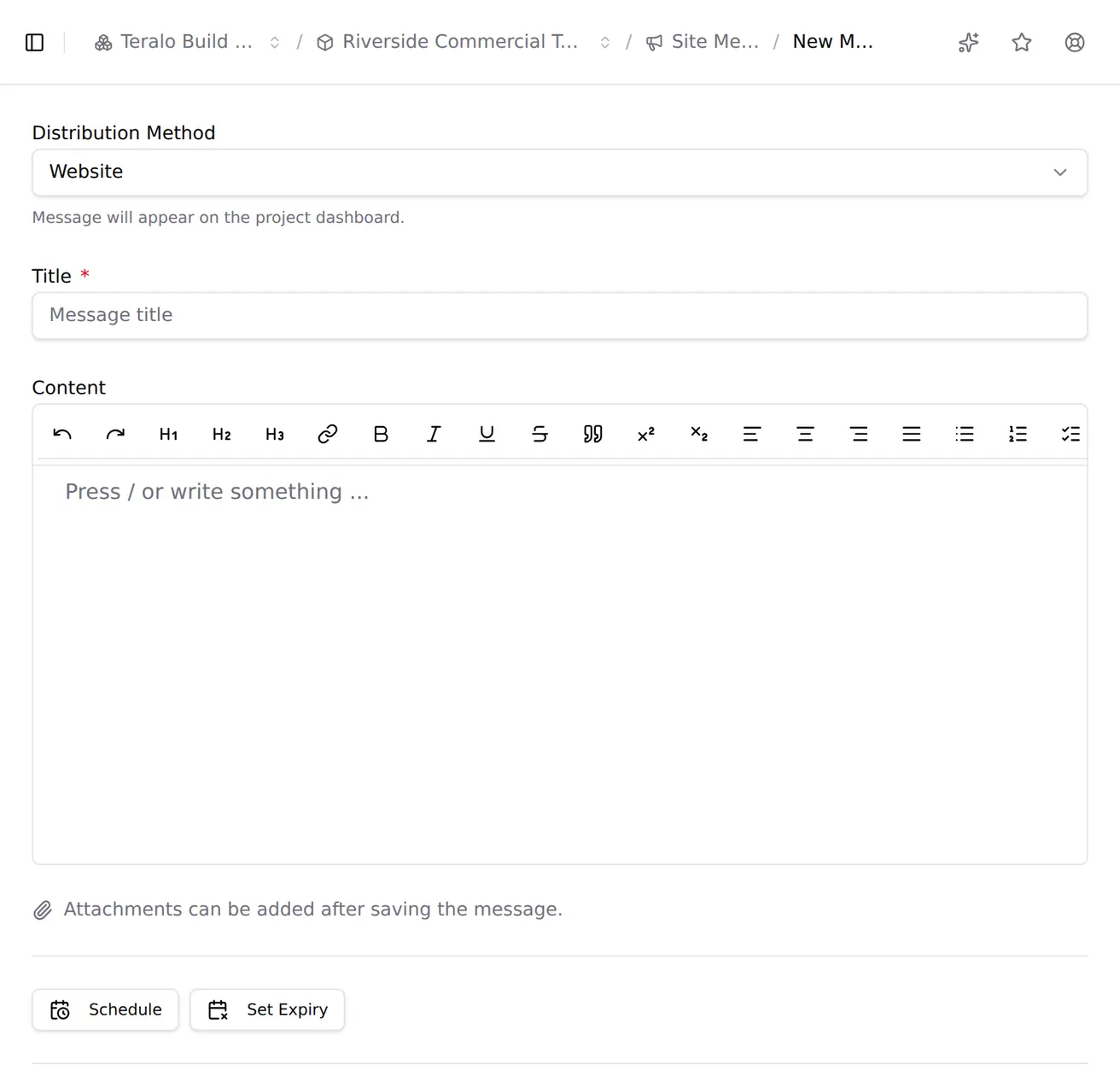The site message form changing as the distribution method is switched between website, email and SMS, with the recipients block and the SMS character counter and emergency checkbox appearing as each is chosen.