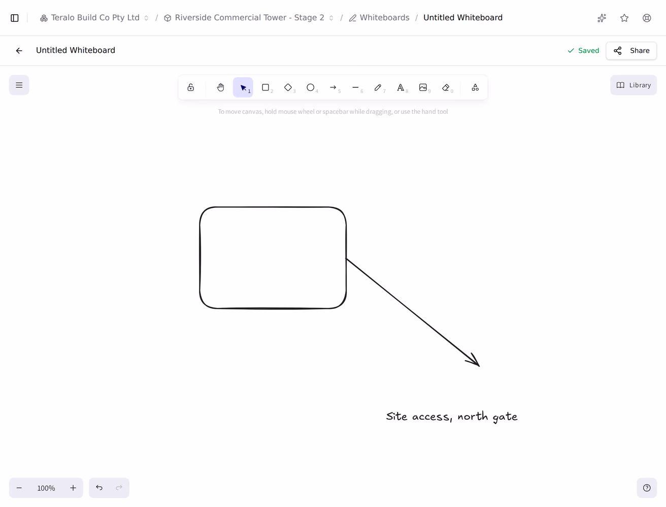 A sketch being drawn on a whiteboard: a rectangle, a connecting arrow and a text label on an open canvas, with the save indicator reading Saved.