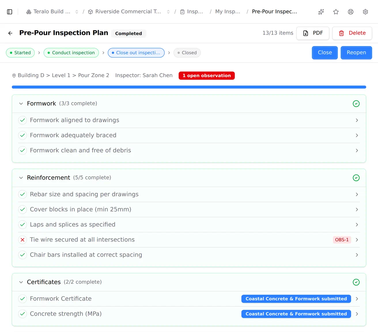 A completed inspection held at its close-out step with one open observation against it, the failed checklist item carrying an observation number, and that item opened to show its failed result and a link to the observation.