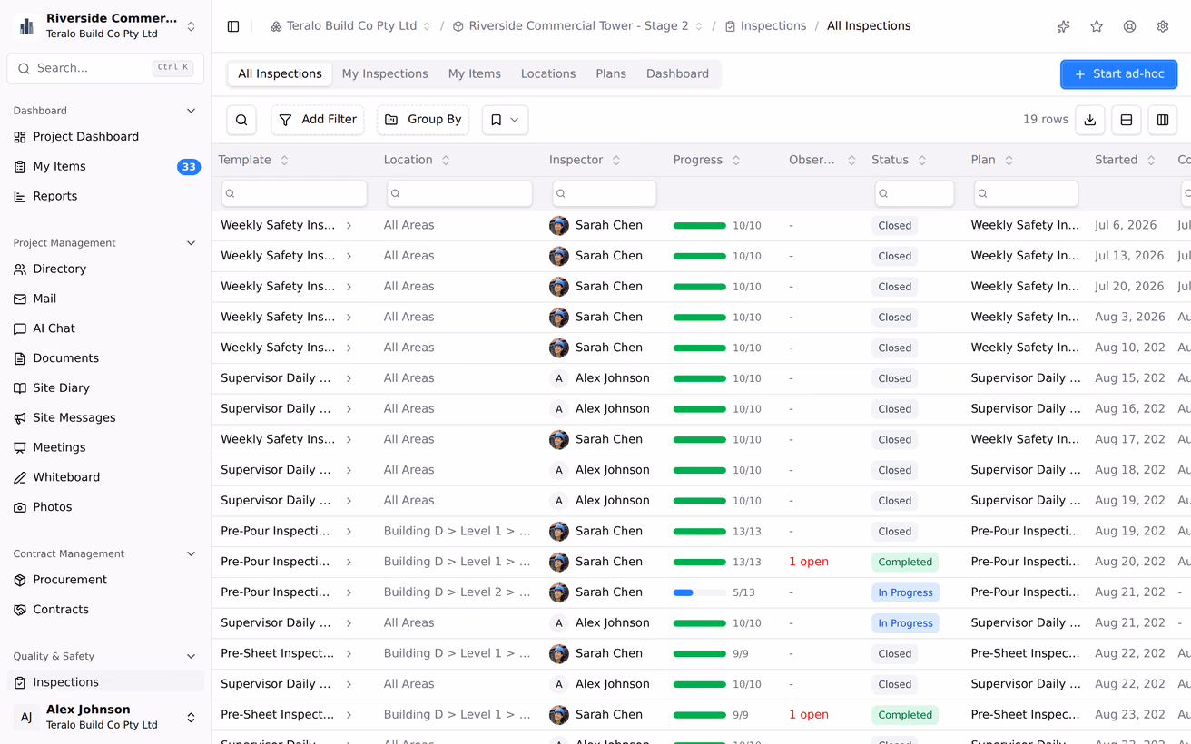 The inspections register, with each inspection's template, location, inspector, progress, open observation count and status.