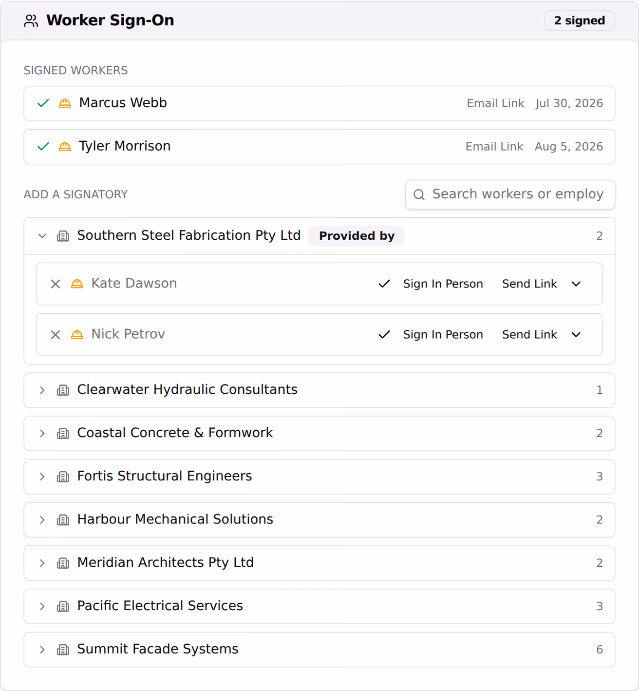 The sign-on list on a method statement: the workers who have signed, how each of them signed and when, above the people still to sign grouped by the organisation they work for.