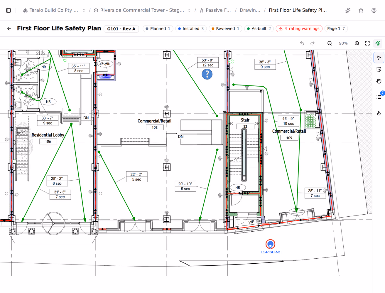 A life safety drawing carrying passive fire pins coloured by their stage, zoomed from a whole level down to a single service riser with its location reference readable.