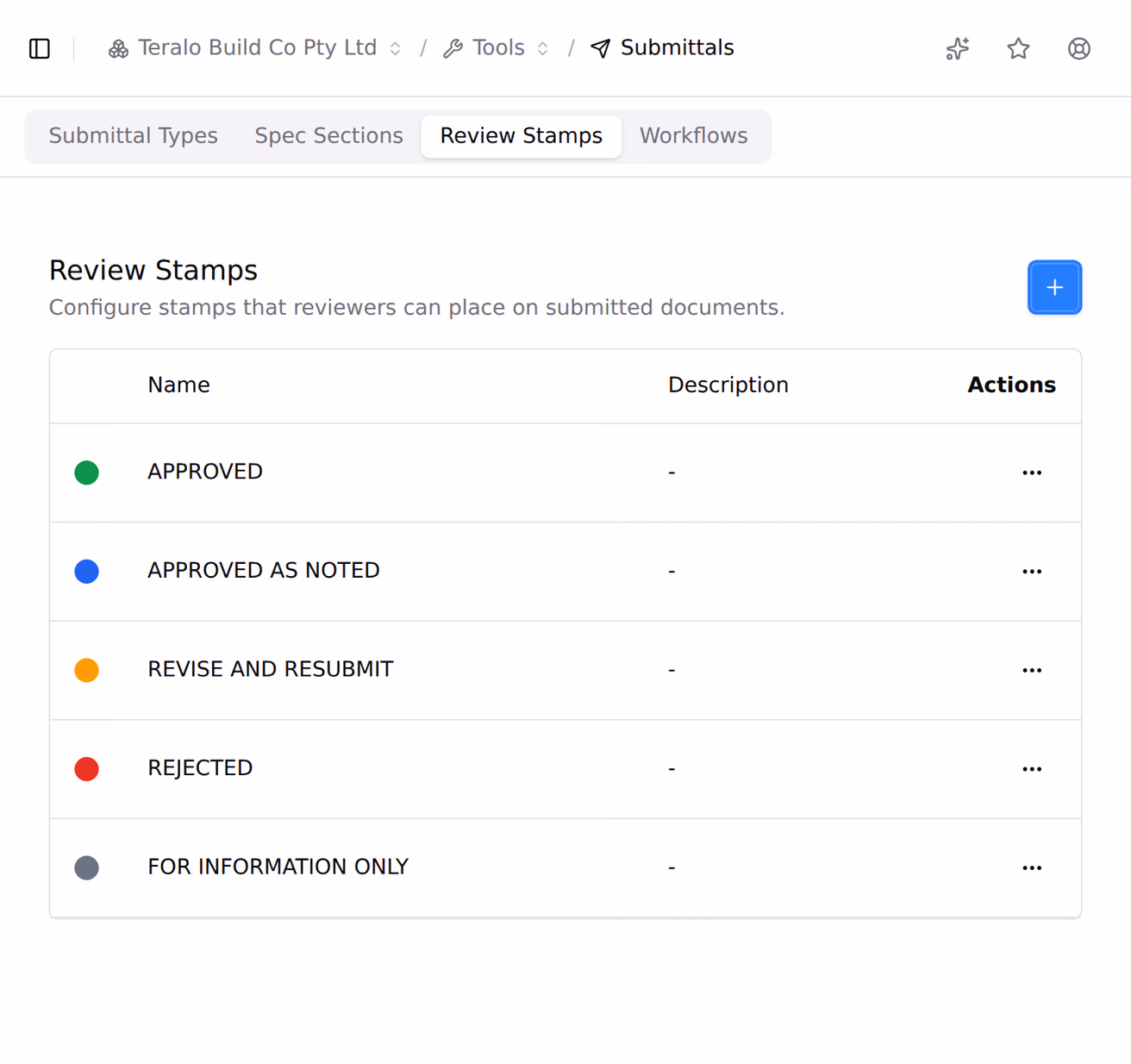 The review stamps configured for an organisation, each with a name and a colour, listed in the submittals tool settings.