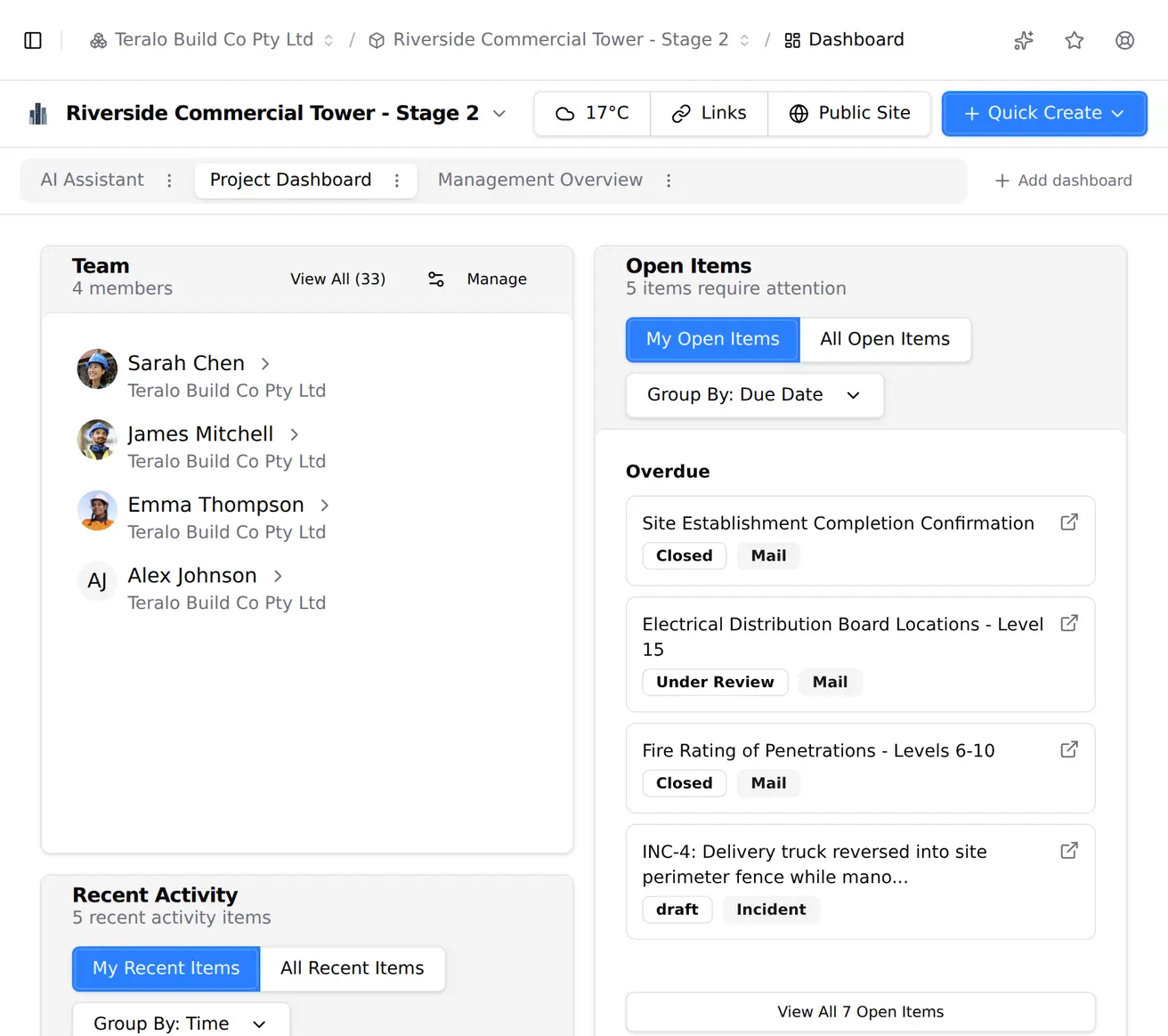 Switching between a project's named dashboard tabs, with a different board of widgets under each.