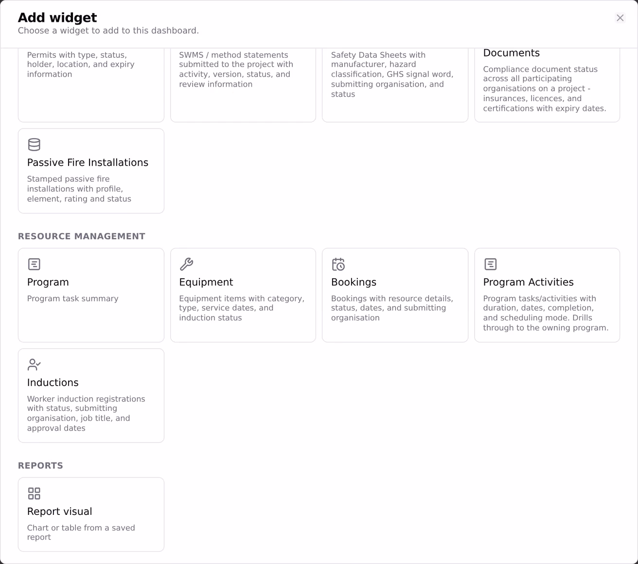 The add widget picker open, with the widgets grouped under the same headings the app sidebar uses.