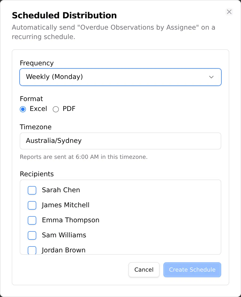 A report schedule being set up, with its frequency, format, time zone and recipients in one dialog.