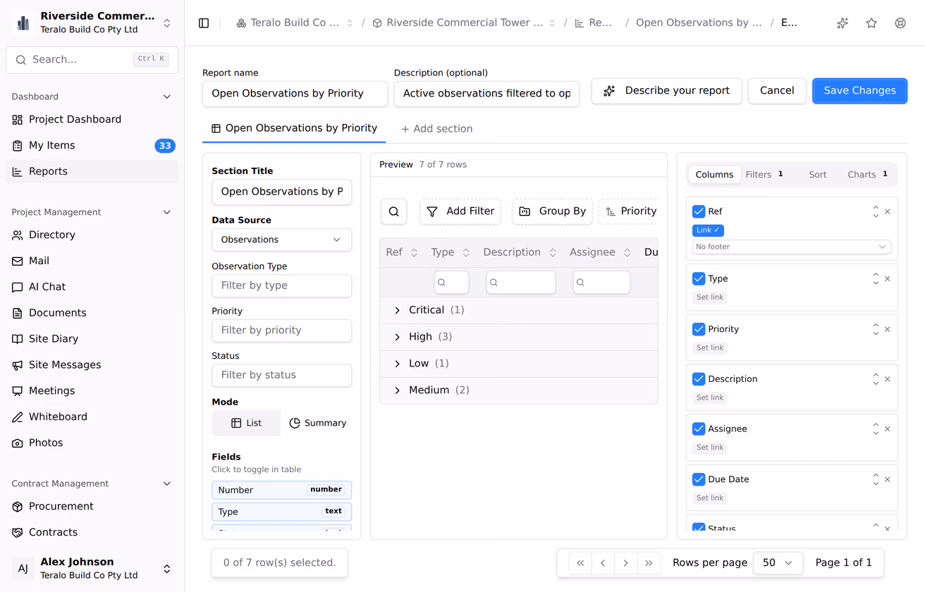 The report builder, with the field list on the left, the live preview in the middle and the configuration panel on the right.