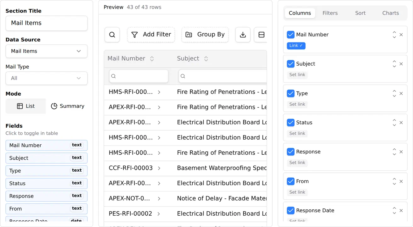 A report section flipped between a flat list and a summary pivot, with the mode toggle beside the preview.