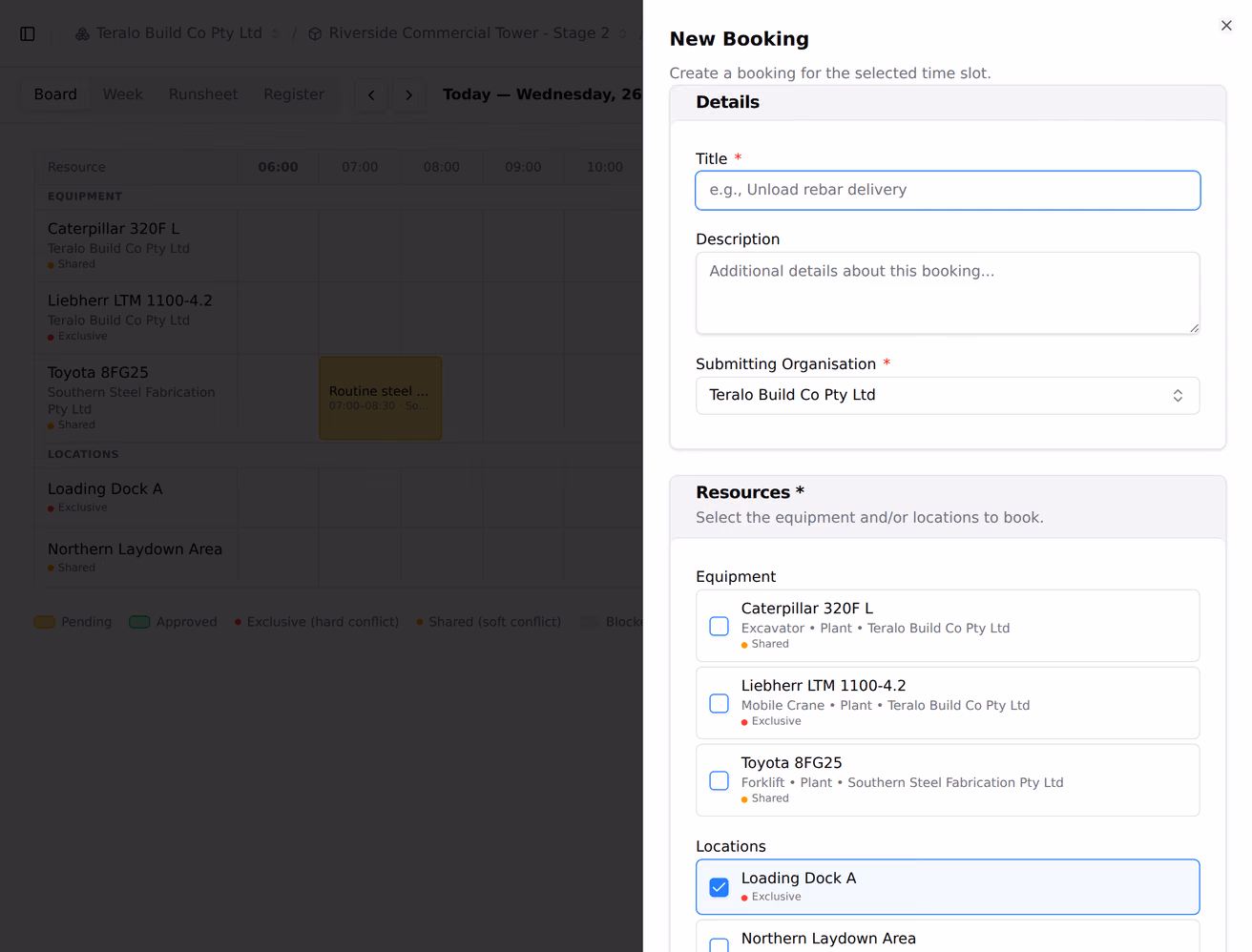 A window dragged across a resource's row on the bookings board, opening a booking form already filled with those times.