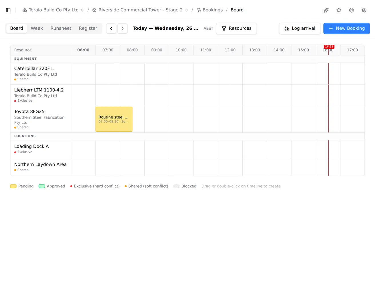 A window dragged across a resource's row on the bookings board, opening a booking form already filled with those times.