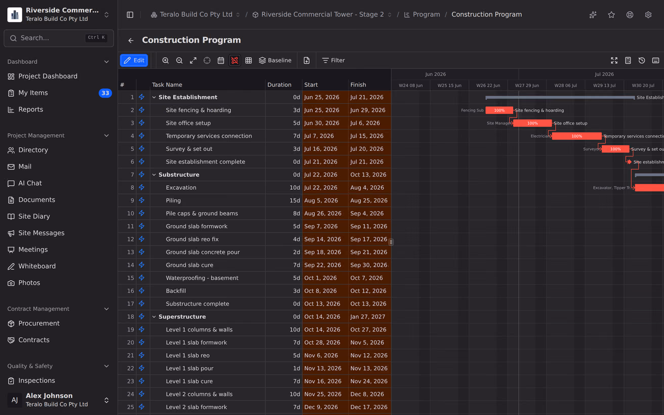 A construction programme in Gantt view, with the work breakdown structure and dates on the left and linked task bars against a weekly calendar on the right.
